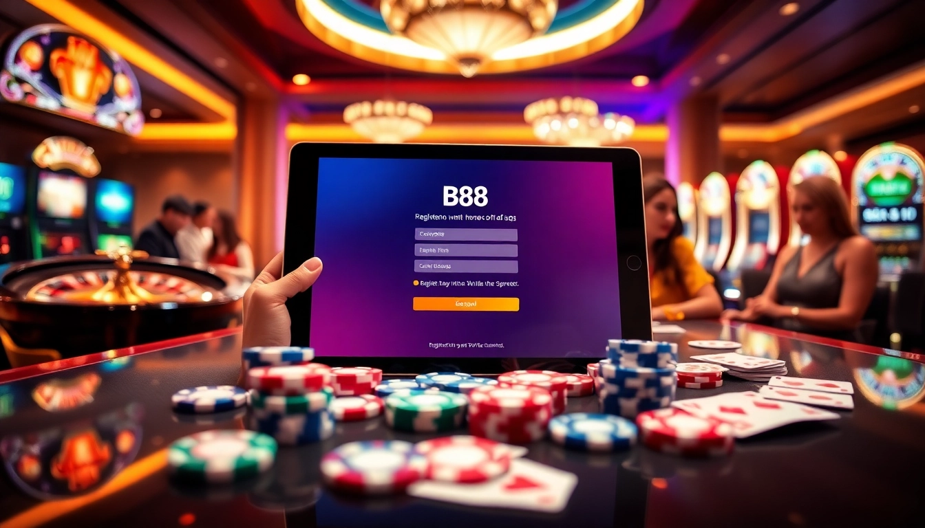 Registering for fun and excitement at B8 with engaging casino elements visible.