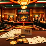 SX88 betting scene with luxurious poker table, vibrant casino atmosphere, and excited gamblers around.