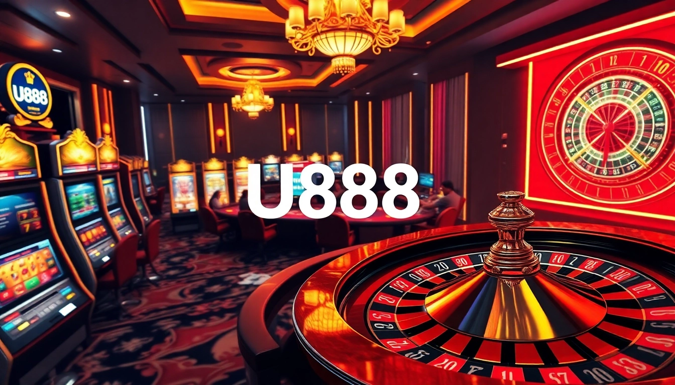 U888 online casino featuring colorful slot machines and poker tables during an exciting game.