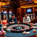 Players enjoying the RR88 casino experience with vibrant games and gleaming poker chips.
