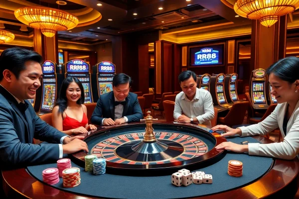 Players enjoying the RR88 casino experience with vibrant games and gleaming poker chips.