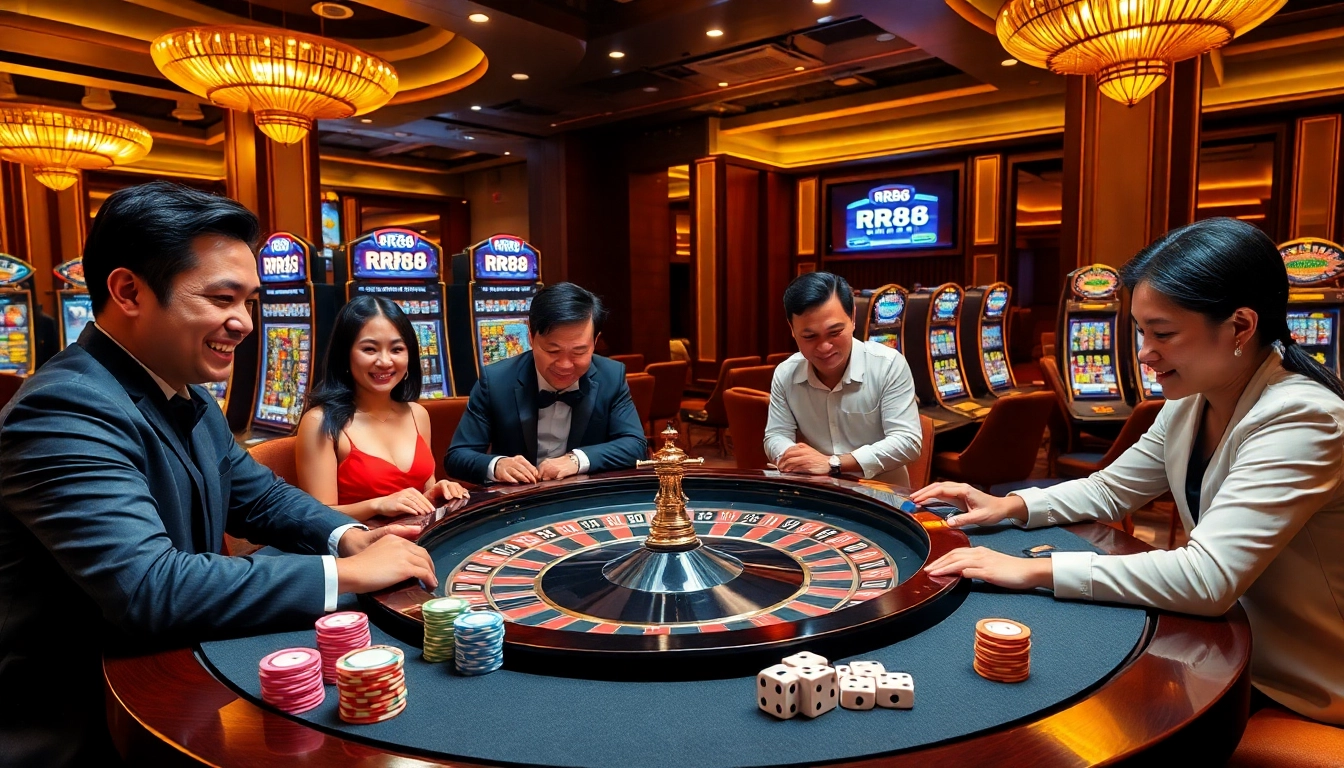 Players enjoying the RR88 casino experience with vibrant games and gleaming poker chips.