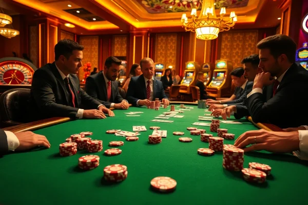 High-stakes poker scene at https://bags168.com/ showcasing intense players and vibrant poker chips.