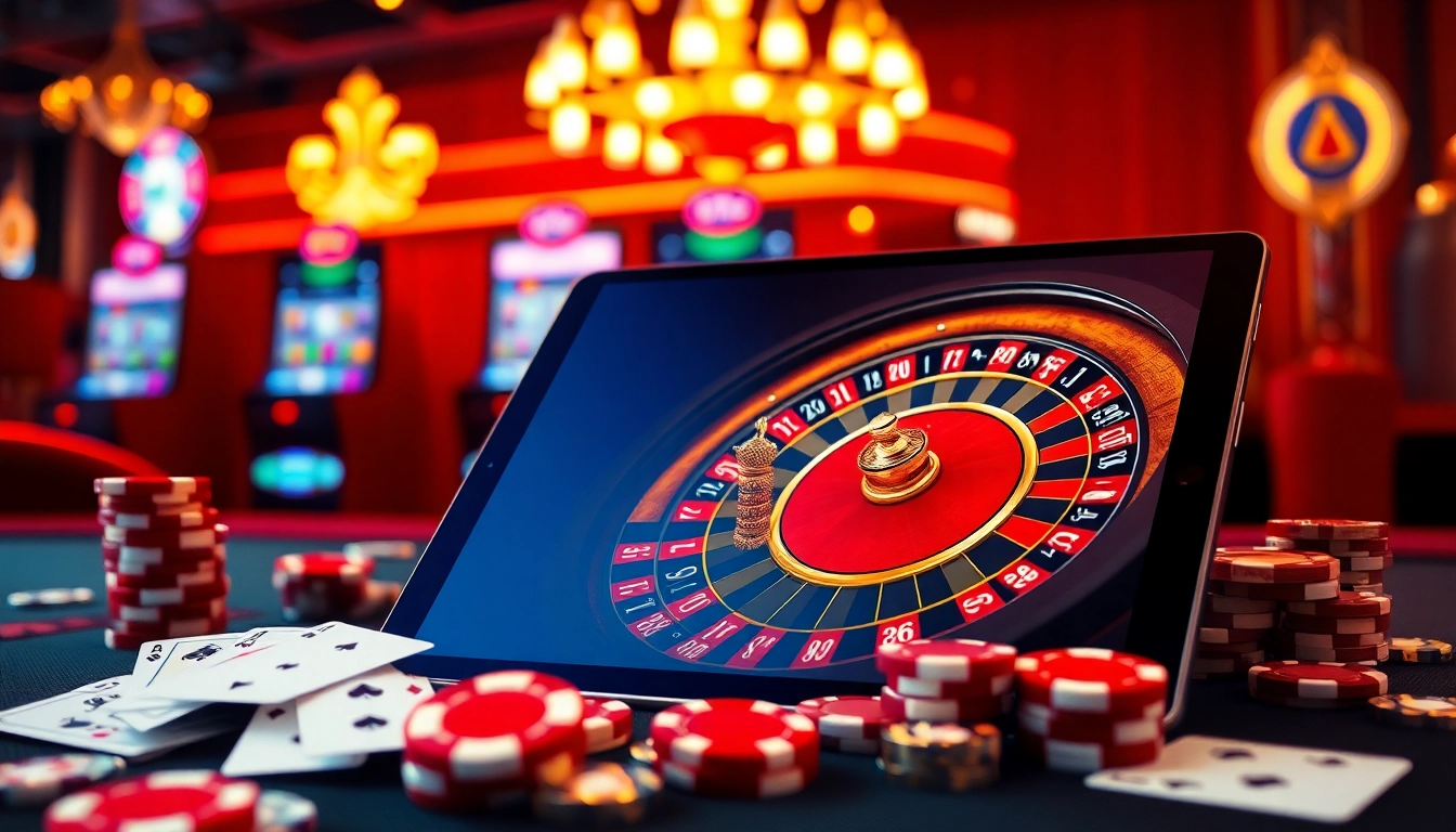 Experimenta la emoción de 488bet con una lujosa escena de casino que presenta ruleta y póker.
