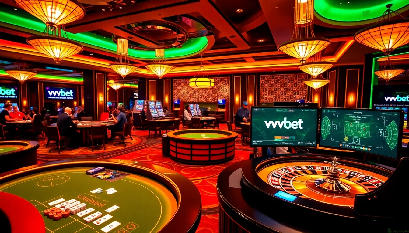 Jugadores disfrutando de una experiencia de casino profesional en vvvbet, con mesas vibrantes y una atmósfera inmersiva.