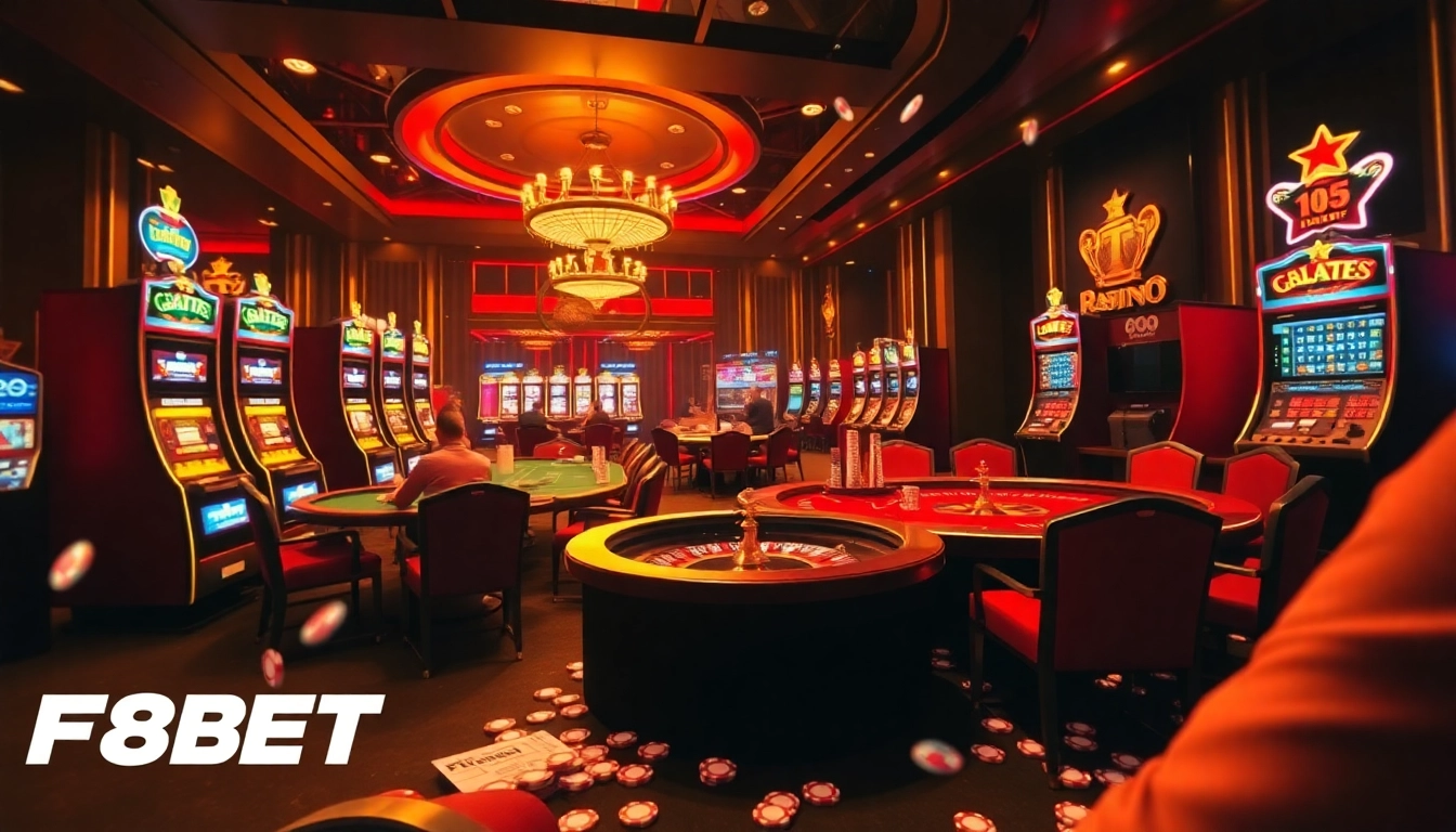 Experience thrilling online gambling at F8BET with a vibrant casino scene featuring poker players and roulette.