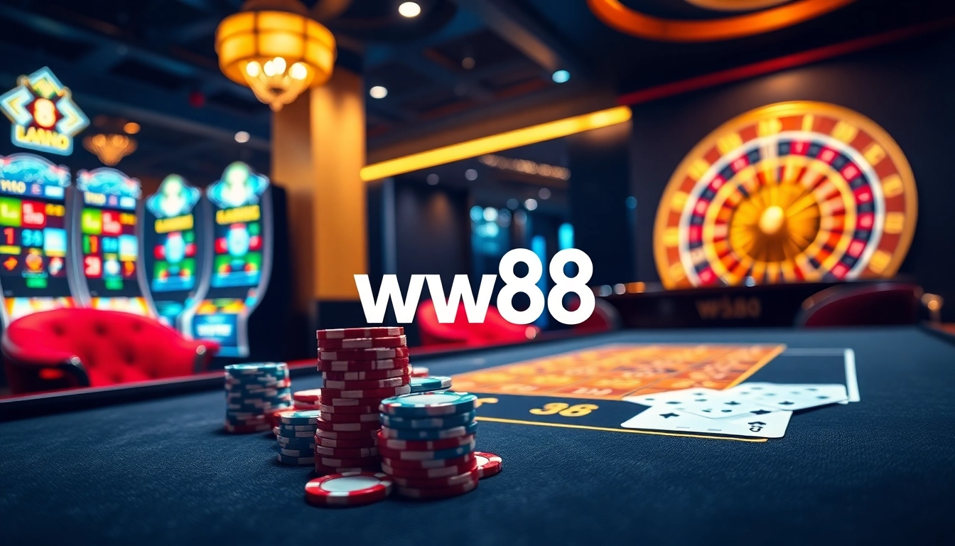 Engage with exciting online gambling at Đăng ký ww88, featuring poker chips and slot machines.