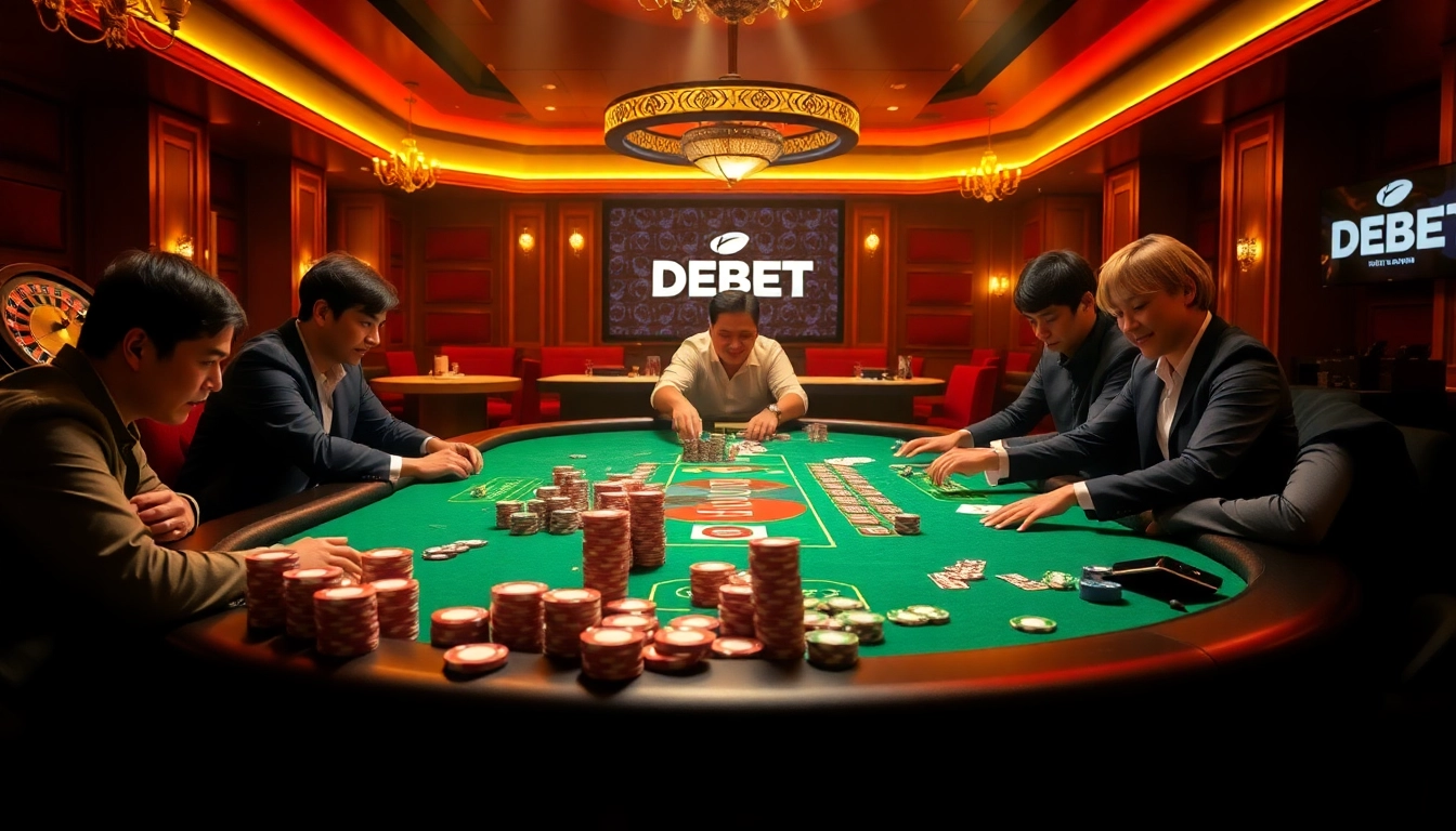 Online gambling excitement with Nhà Cái DEBET as players engage in a poker game surrounded by luxury elements.