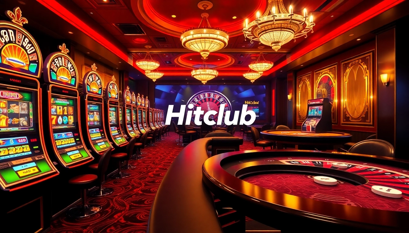 Hitclub gaming scene with stylish roulette, lively slot machines, and poker tables.