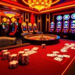 Experience high-stakes gaming at F168 with vibrant casino tables and bright neon lights.