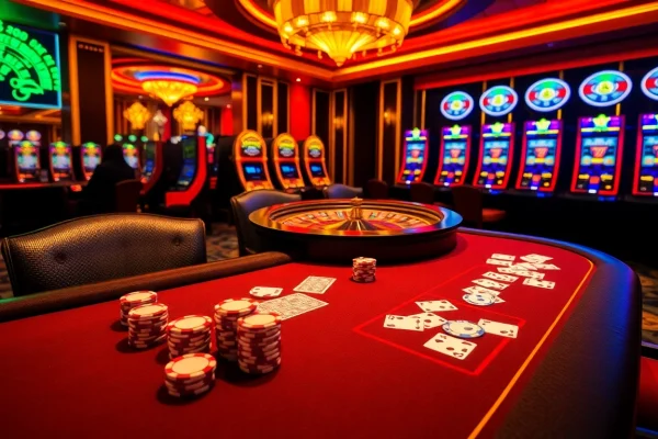Experience high-stakes gaming at F168 with vibrant casino tables and bright neon lights.