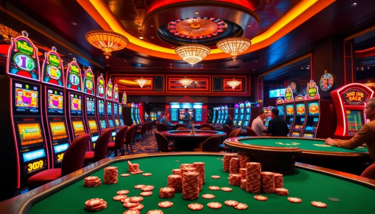 Excited players enjoying nổ hũ slot machines in a luxurious casino environment.