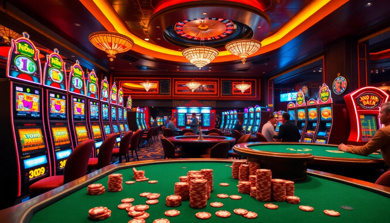 Excited players enjoying nổ hũ slot machines in a luxurious casino environment.