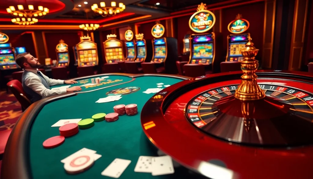 Engaged gamblers enjoying a high-stakes poker game at https://bem88.com with vibrant casino ambiance.