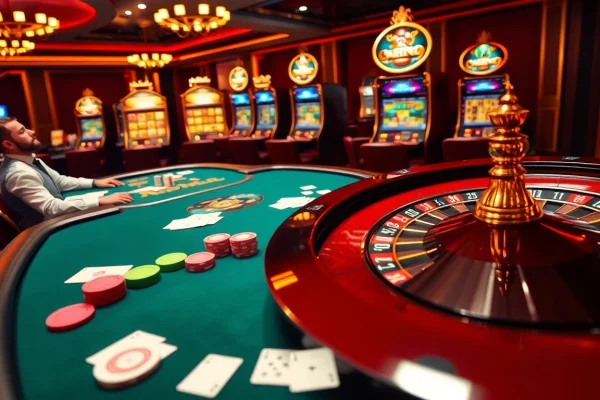 Engaged gamblers enjoying a high-stakes poker game at https://bem88.com with vibrant casino ambiance.