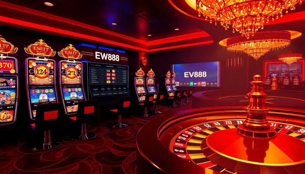 Experience high-stakes excitement with EV88's luxurious online casino interface featuring vibrant slots and poker.