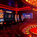 Experience high-stakes excitement with EV88's luxurious online casino interface featuring vibrant slots and poker.