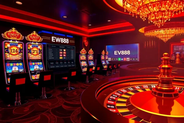 Experience high-stakes excitement with EV88's luxurious online casino interface featuring vibrant slots and poker.