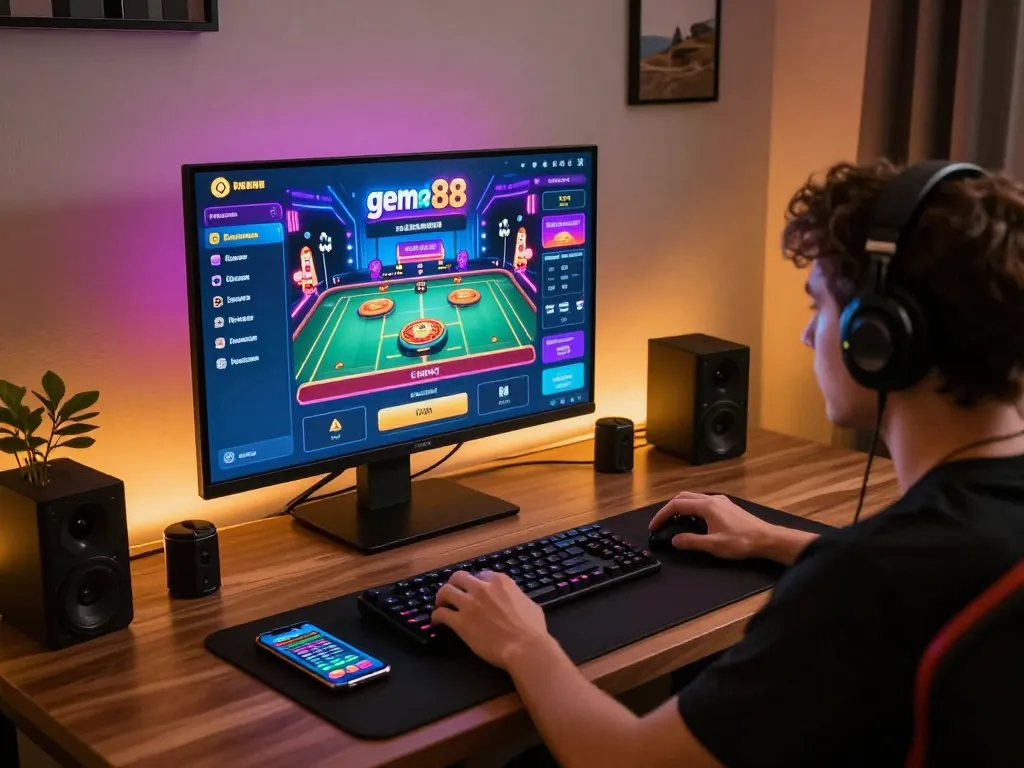 Engaged player enjoying gem88 online casino gaming on vibrant setup with neon accents