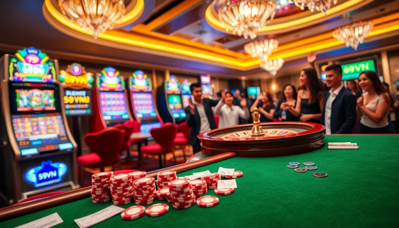 Exciting gaming atmosphere at 69VN casino with vibrant slot machines and poker excitement.