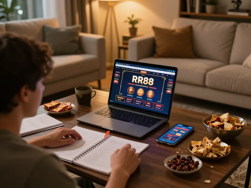 Person placing bets on RR88 mobile app during a cozy home gaming night.