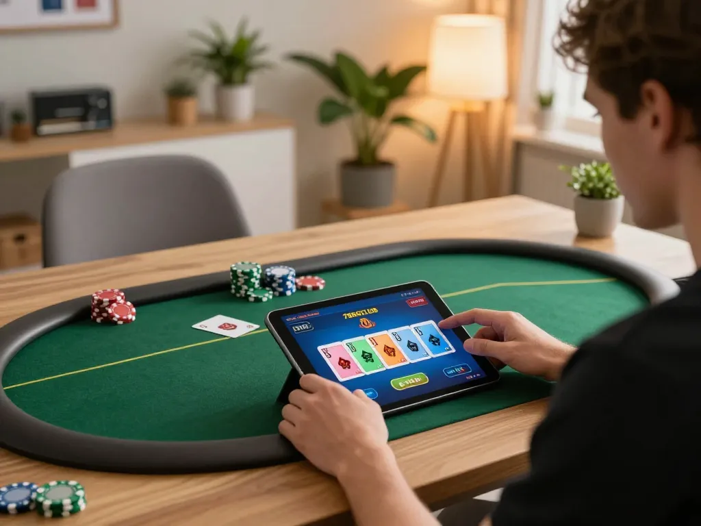 Player enjoying an immersive 789CLUB online poker game at home, showcasing strategic gameplay.