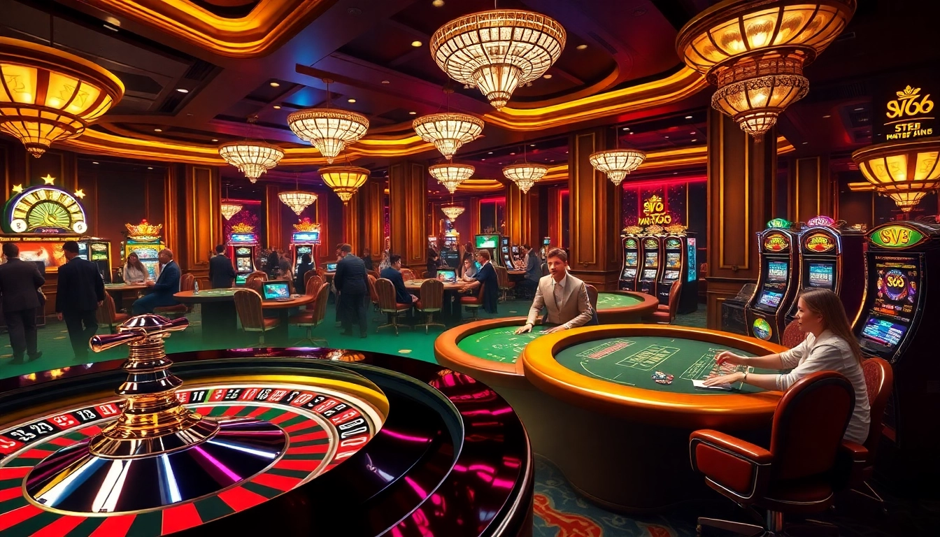 Thrilling casino atmosphere showcasing sv66 with players at tables and vibrant slot machines.