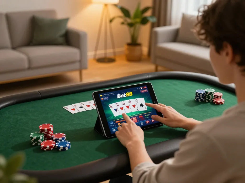 Engaging with Bet88 on a tablet, showing poker gameplay in a cozy home setting.