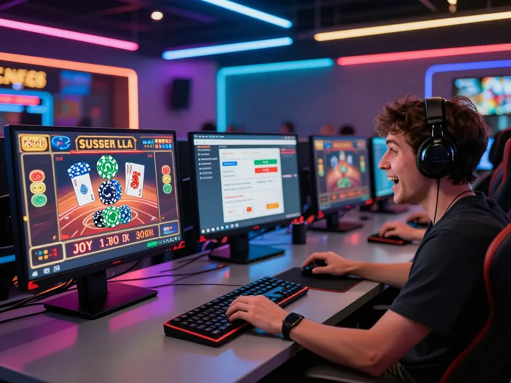 Engaging scene of online gaming with multiple casino displays on the desk, showcasing excitement on trang chủ lc88.