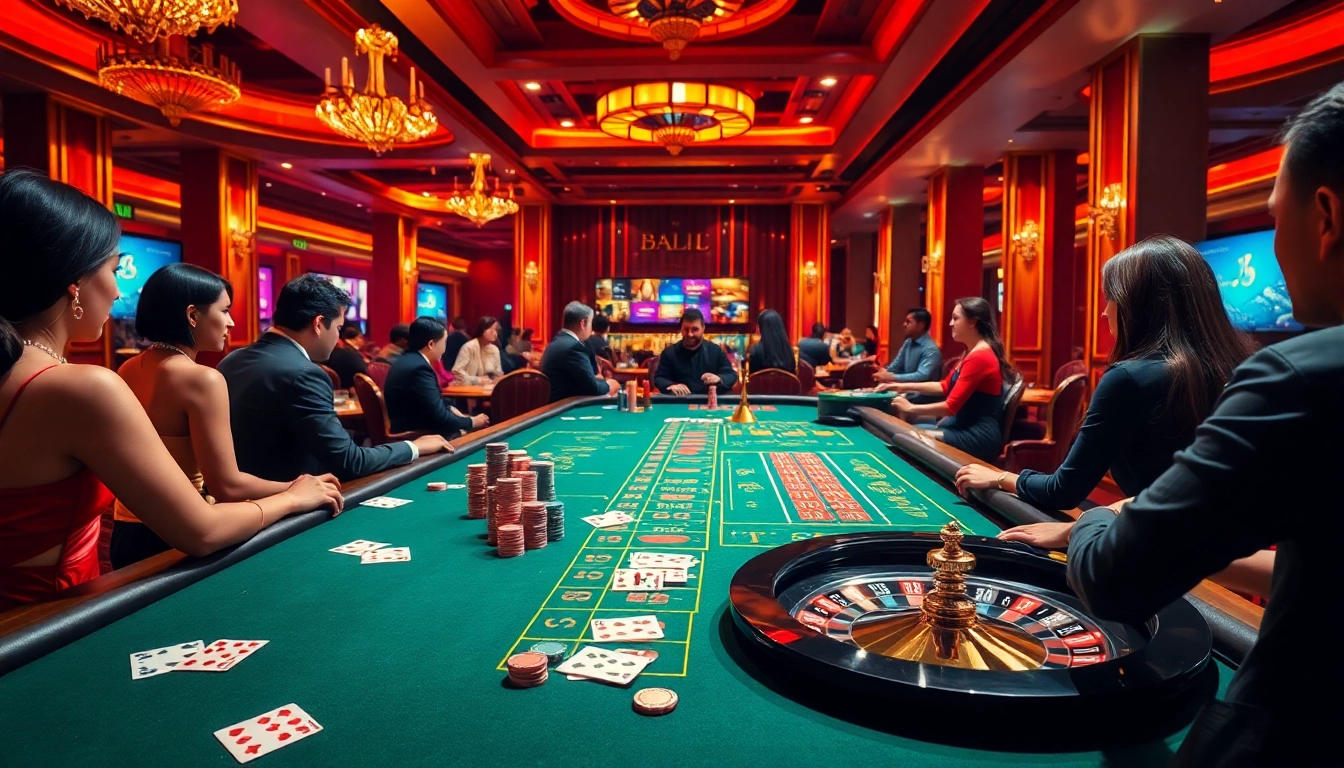 B52CLUB players enjoying a thrilling moment at a vibrant casino table with colorful chips and cards.