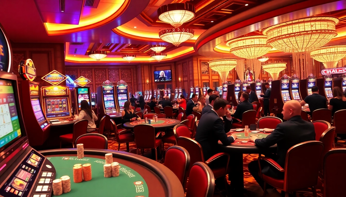 Experience thrilling gameplay at https://68vip.red/ with vibrant slot machines and poker players in action.