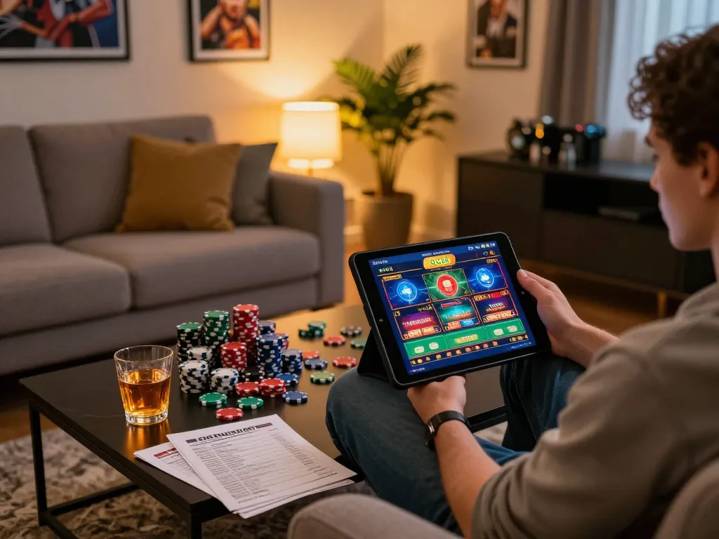 Engaging mobile gaming experience at RR88 with cozy home atmosphere and strategic betting notes.
