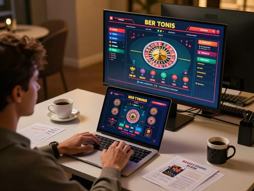 Engaging in a live dealer game on WIN79, featuring a laptop with roulette interface and cozy surroundings