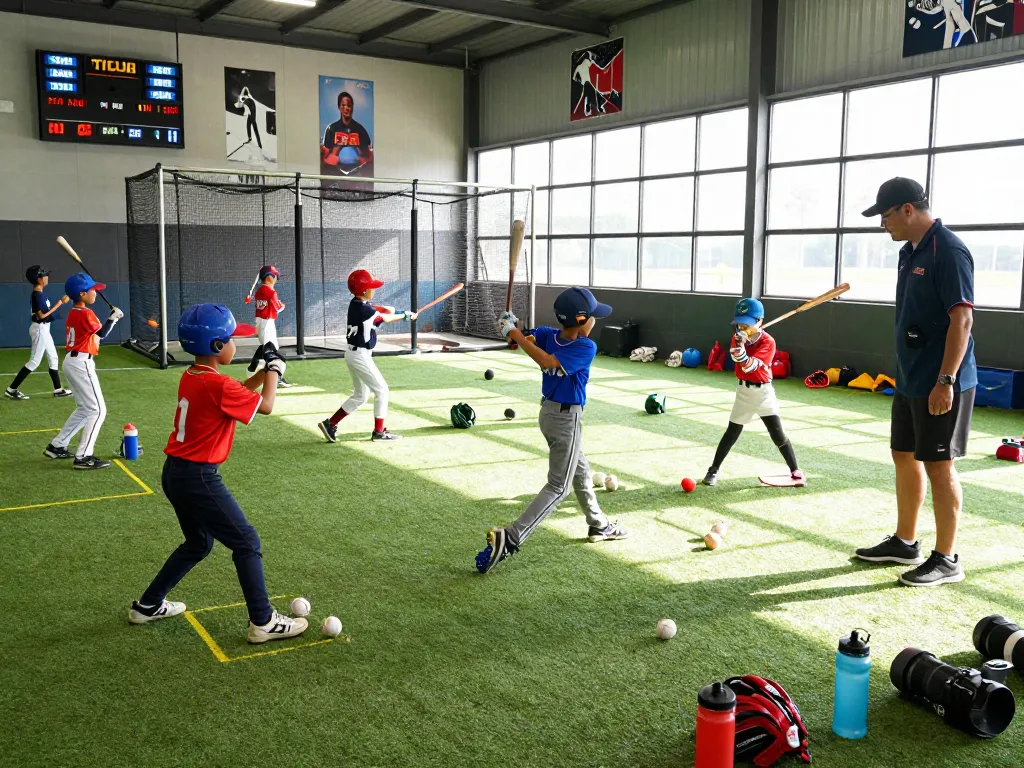 Hit Club training scene with young baseball players practicing skills in vibrant indoor facility.