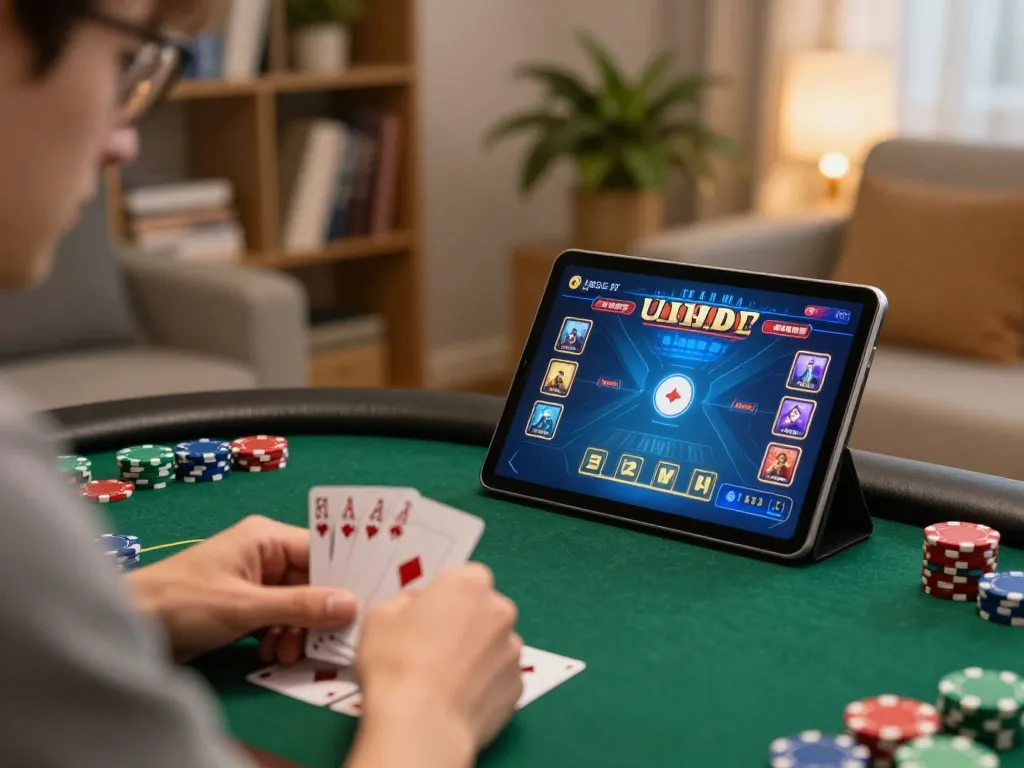 Player using RR88 app for online poker at home, hands holding cards with chips on table.