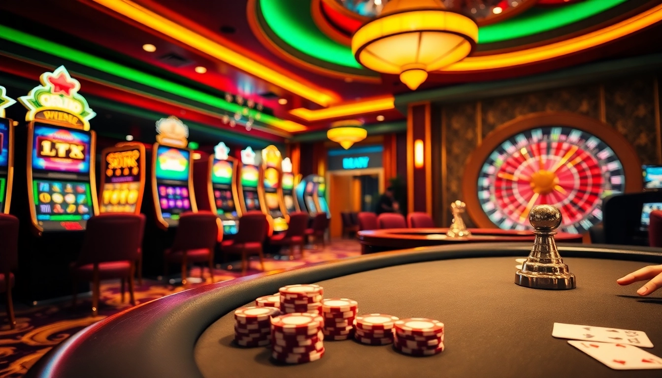 A high-stakes poker game scene with vibrant lights and dynamic roulette showcasing the excitement of https://www.bdtk1.app/.