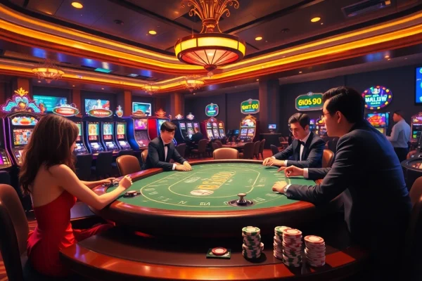 Engaging poker game scene at Nhà Cái 68VIP casino, showcasing players, chips, and vibrant slot machines.