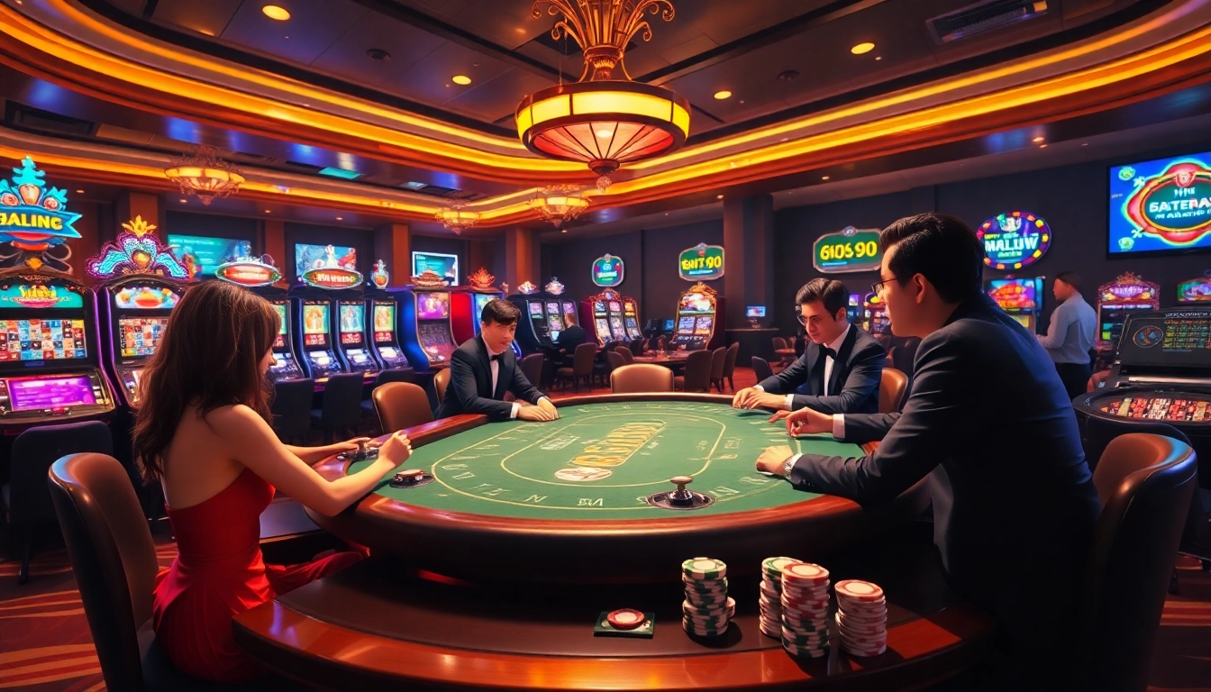 Engaging poker game scene at Nhà Cái 68VIP casino, showcasing players, chips, and vibrant slot machines.
