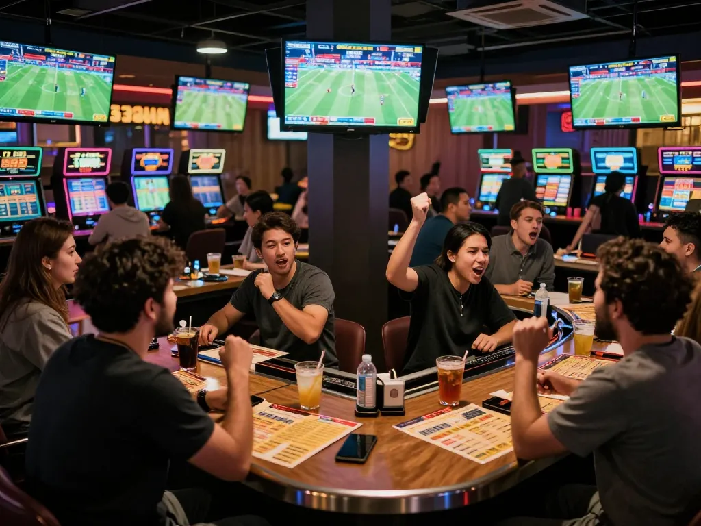 Fans celebrating their bets at TG88 sports betting lounge during a live match.