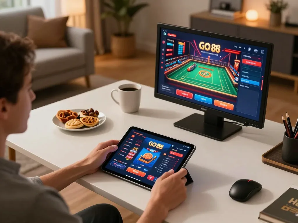 Engaging with the GO 88 online casino app for a thrilling gaming experience in a cozy home.