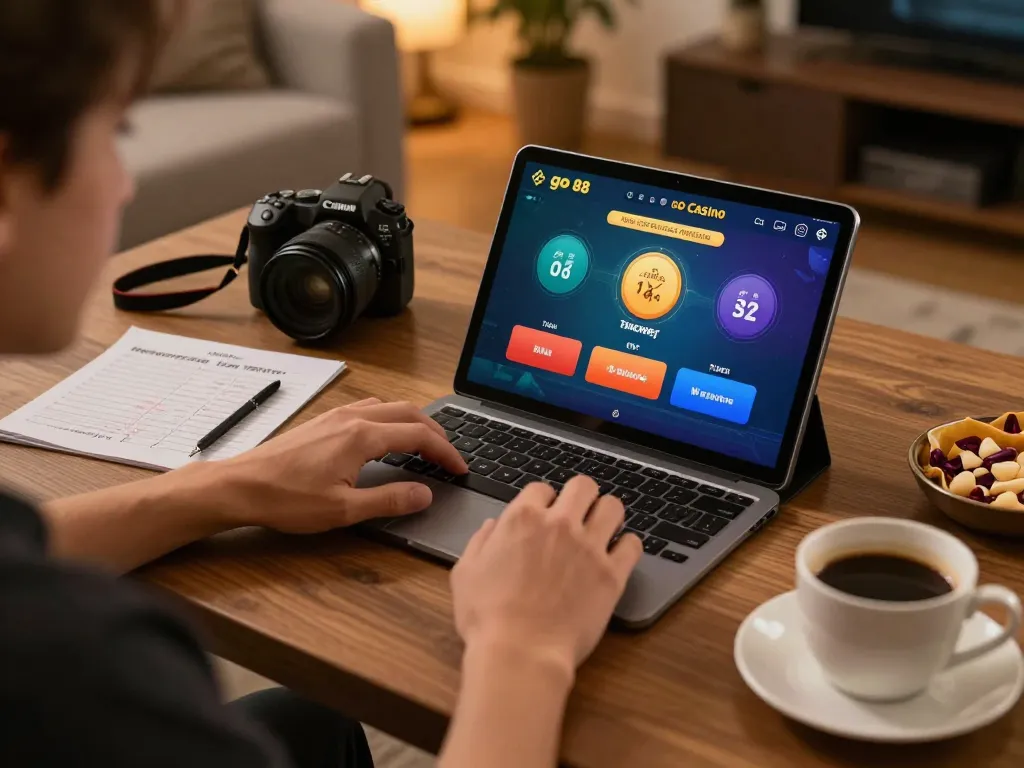 Player enjoying the go 88 app on tablet, placing bets in a warm home setting