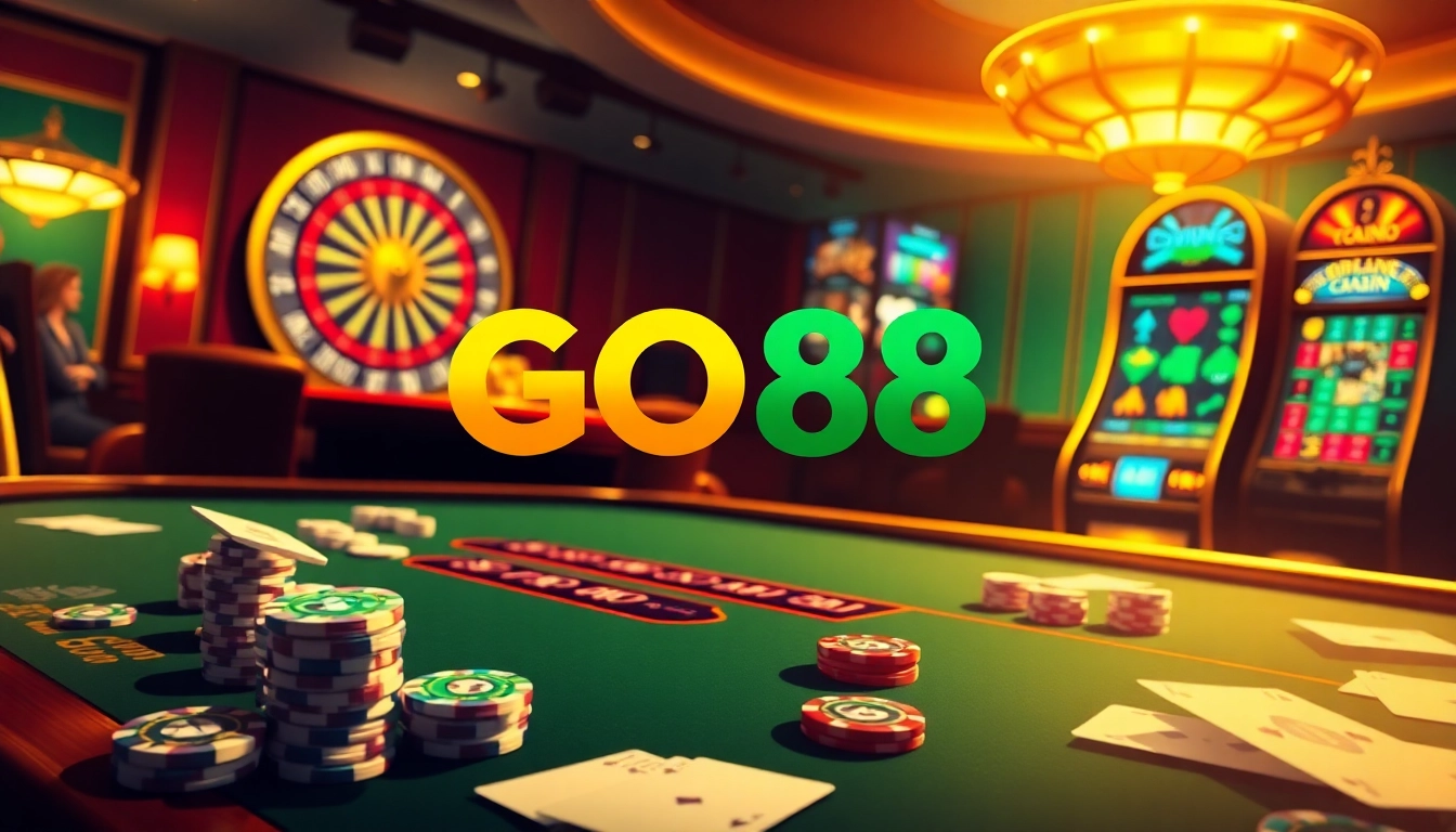 Players engaging at a luxurious casino table with GO88-themed poker chips and vibrant slot machine.