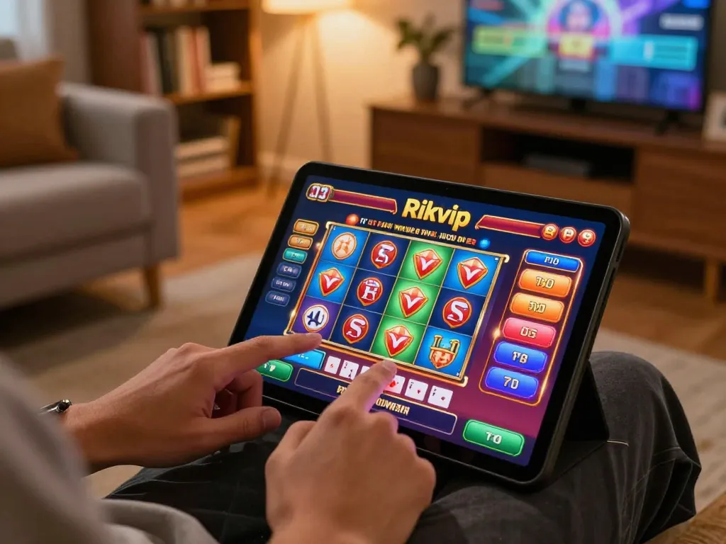 Experience thrilling Rikvip online gaming on tablet in a cozy home setting.