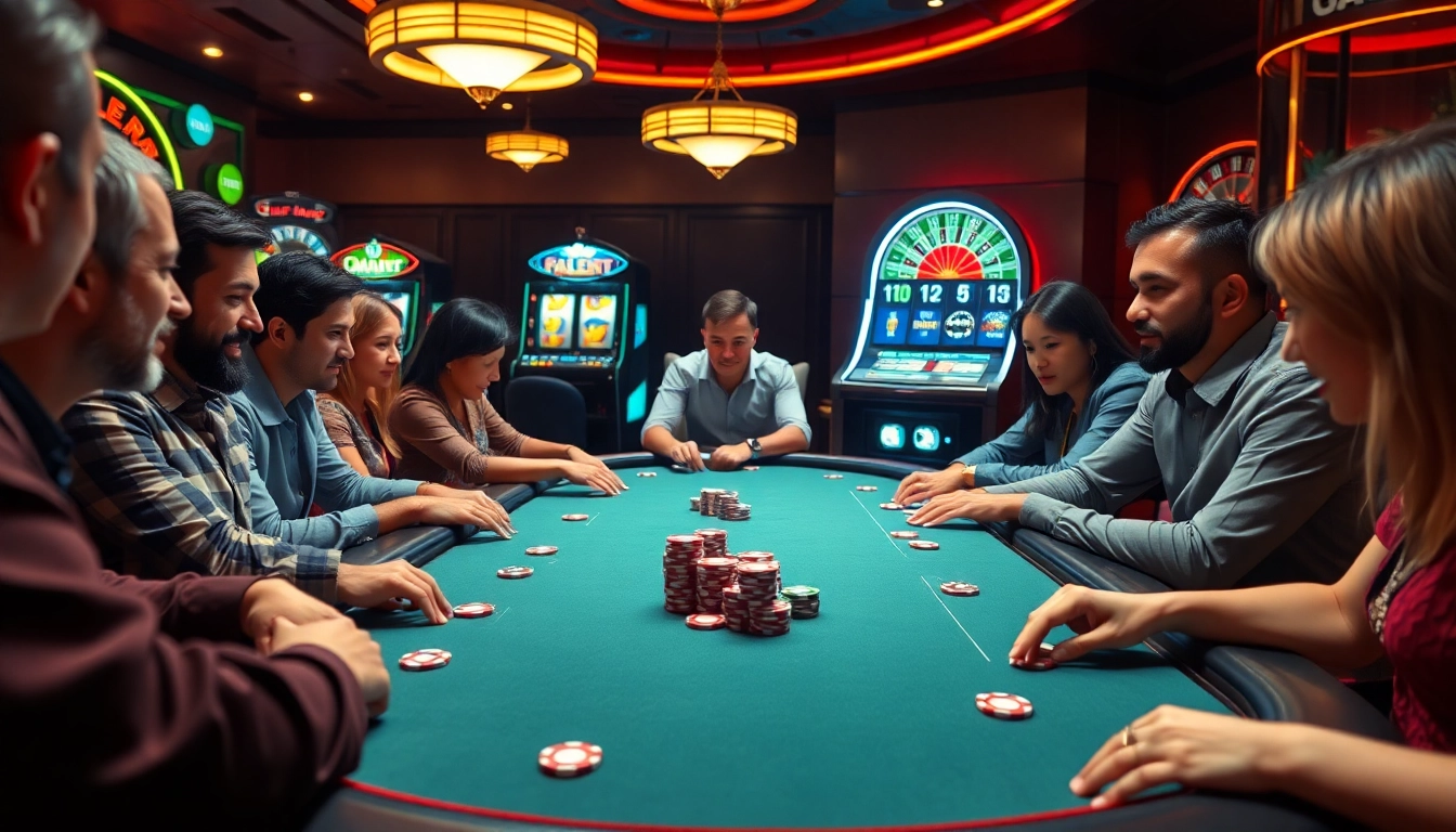 Engaging players at a poker table enjoying game đánh bài đổi thưởng with vibrant casino lights.