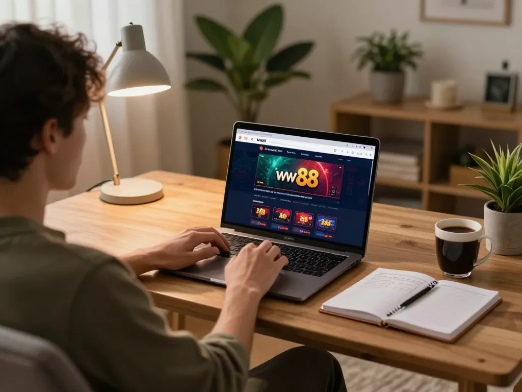 Engaging with the trang chủ ww88 online casino from a cozy home setup, showing betting strategy and laptop.