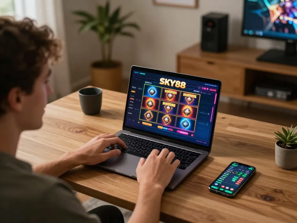 Player engaging with thrilling SKY88 slot games on laptop in a cozy home office setting.