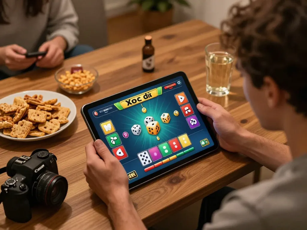 xóc đĩa online gameplay displayed on a tablet in a cozy home setting with player engaged and lively atmosphere.