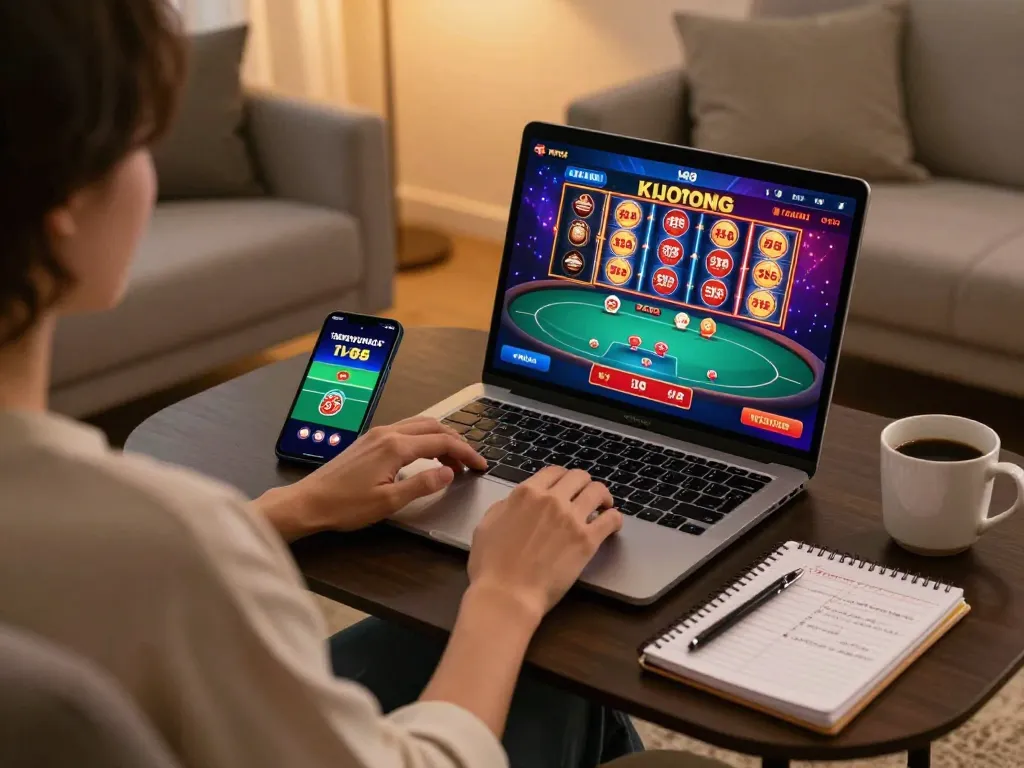 Player engaging with LV88 online casino games in a cozy home setting.