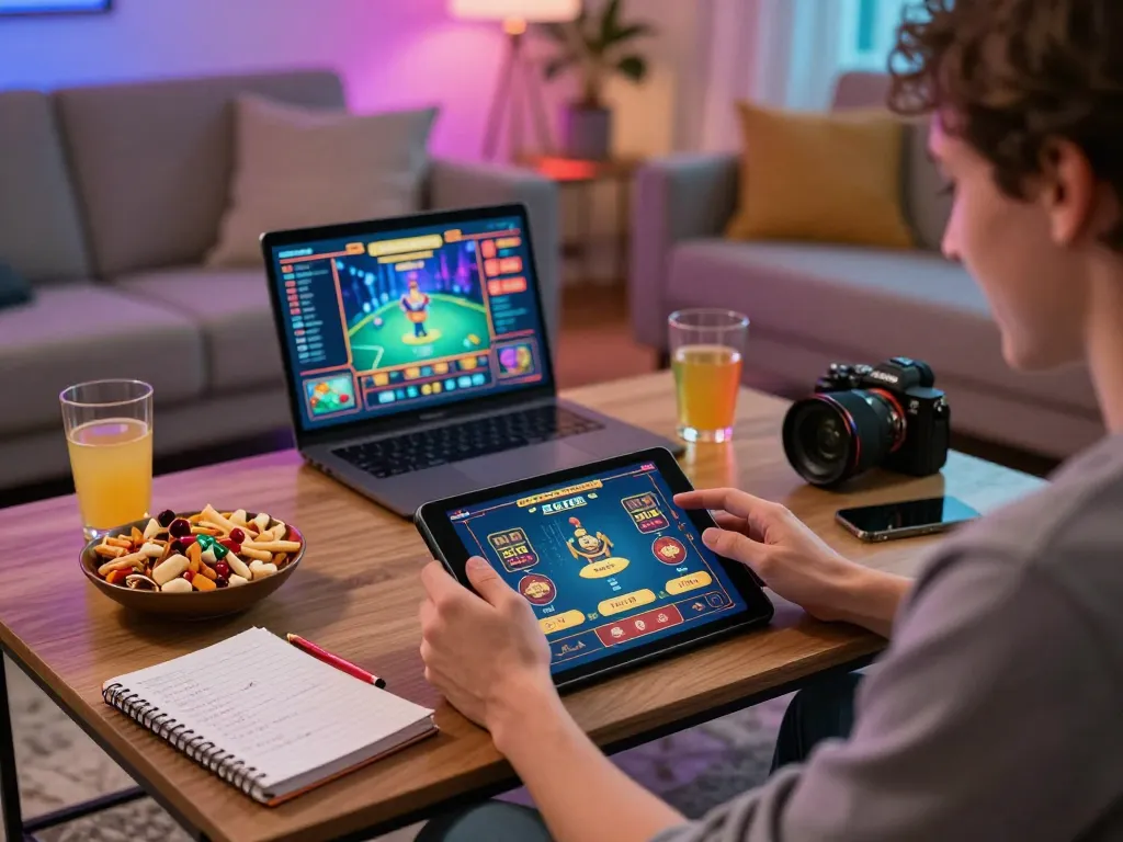 Người đang tham gia vào phiên chơi game trực tuyến thú vị trên ứng dụng KO66, phòng khách hiện đại với không khí sống động.