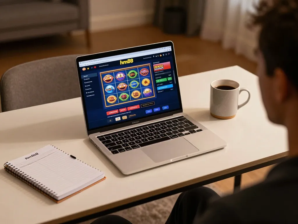Person enjoying home gaming on hm88 online platform, showcasing slots and live dealers.